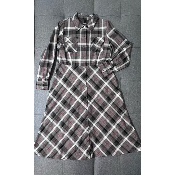 Chadwicks Dress Women Medium* Flannel Brown Gray/Red A Line Cottage Boho - Picture 3 of 13